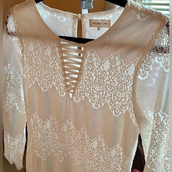 🦋SUGAR +lips White Lace boho bell sleeves fully lined strappy V- Neck SZ XS - Picture 15 of 15